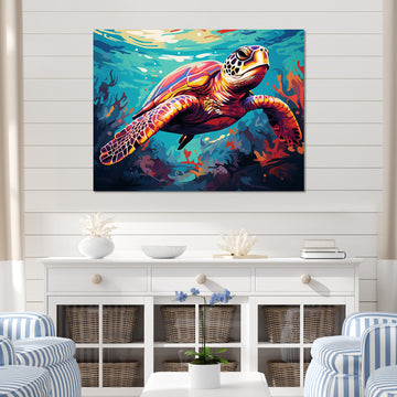 Pop art curious Turtle Aquatic Dance - Turtle Canvas Wall Art